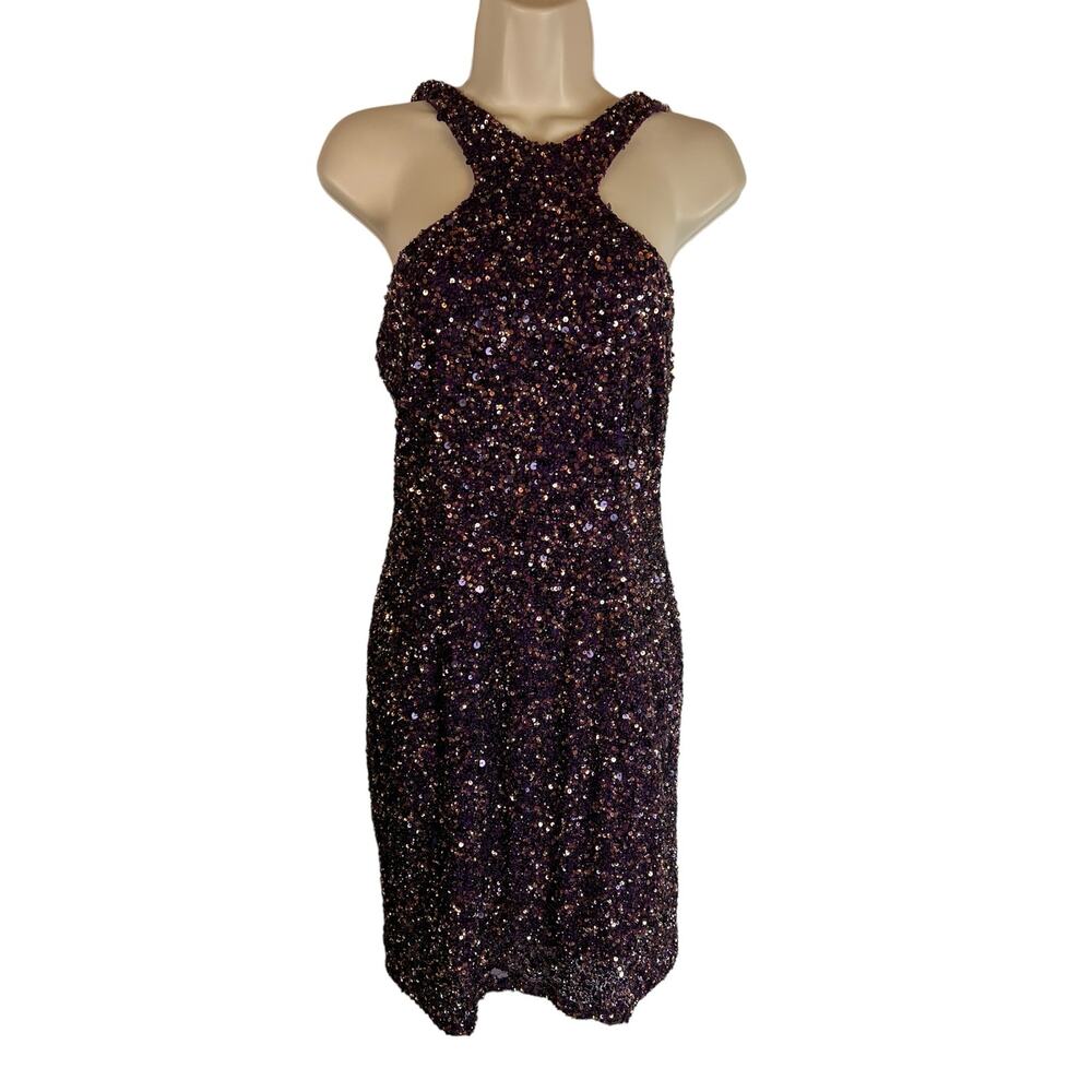 Theia purple Sequined Cocktail Dress 6 Open Back Wiggle Bodycon Party